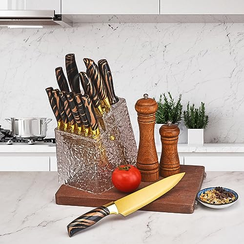 Gold Knife Block Set with Acrylic Stand, 14Pcs Stainless Steel Kitchen Knives U2598