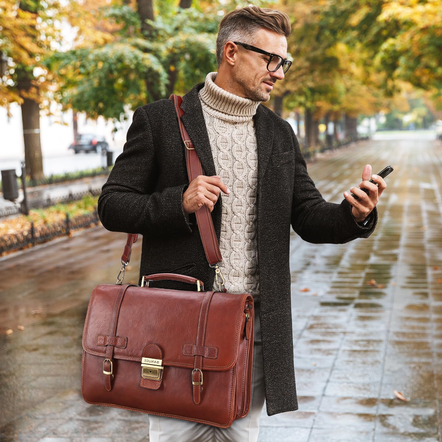 Banuce Vintage Genuine Full Grain Italian Leather Briefcase for Men with Lock 14 Inch Laptop Bag Brown B507453