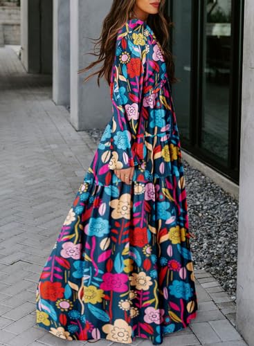 BLENCOT Women's Floral Deep V Neck Long Sleeve Maxi Dress R915