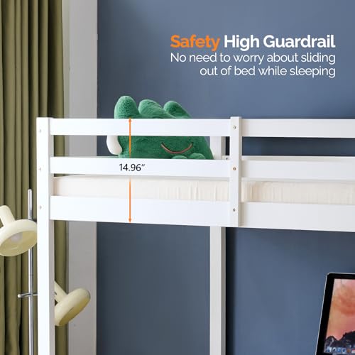 VINGLI Twin Loft Bed with L-Shaped Desk, 3 Storage Drawers, Solid Wood, White W24917