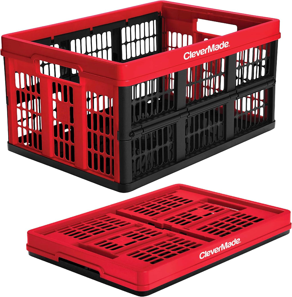 CleverMade Collapsible Utility Crate, Red, 1PK - 45L (11 Gal) Collapsible Storage Bins, Holds 66lbs Per Bin - Plastic Stackable Grated Wall Utility Containers, CleverCrates Baskets
