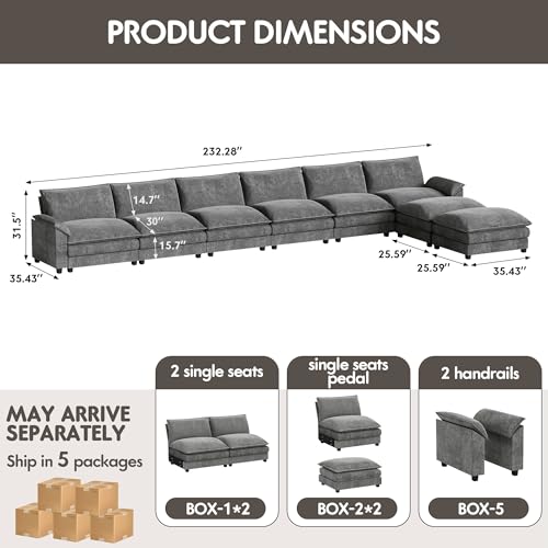 Homall 119" Modular Sectional Sofa with Reversible Ottoman, Light Grey V97154