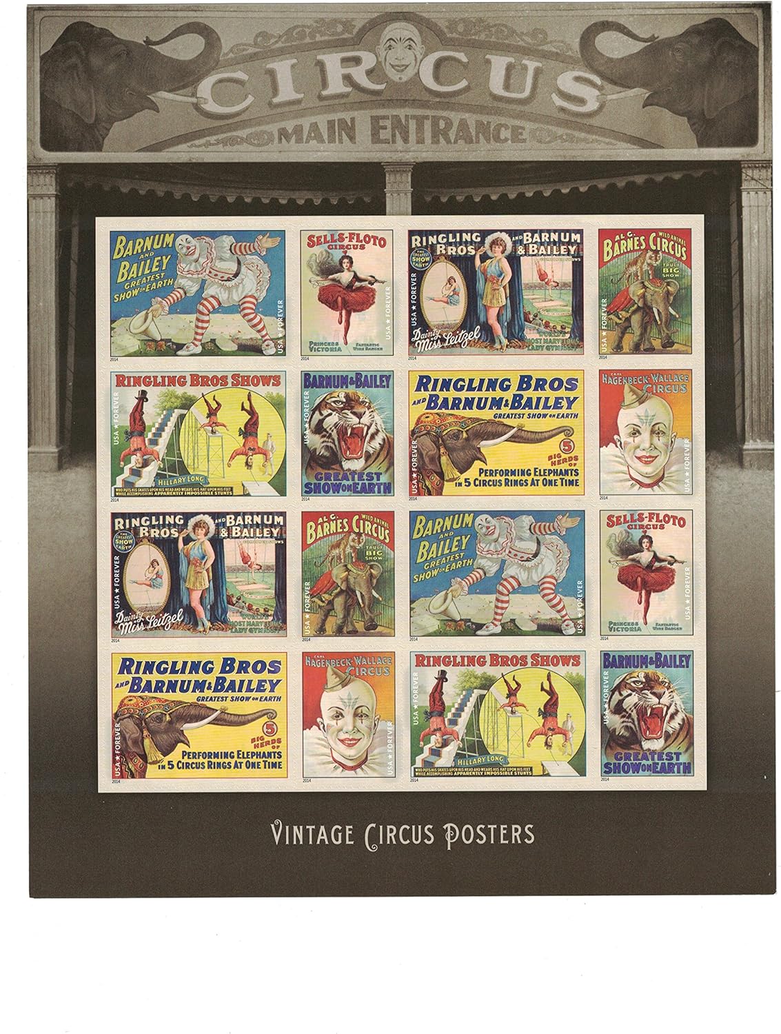 USPS Vintage Circus Posters, Forever U.S. Postage Stamps, Sheet of 16