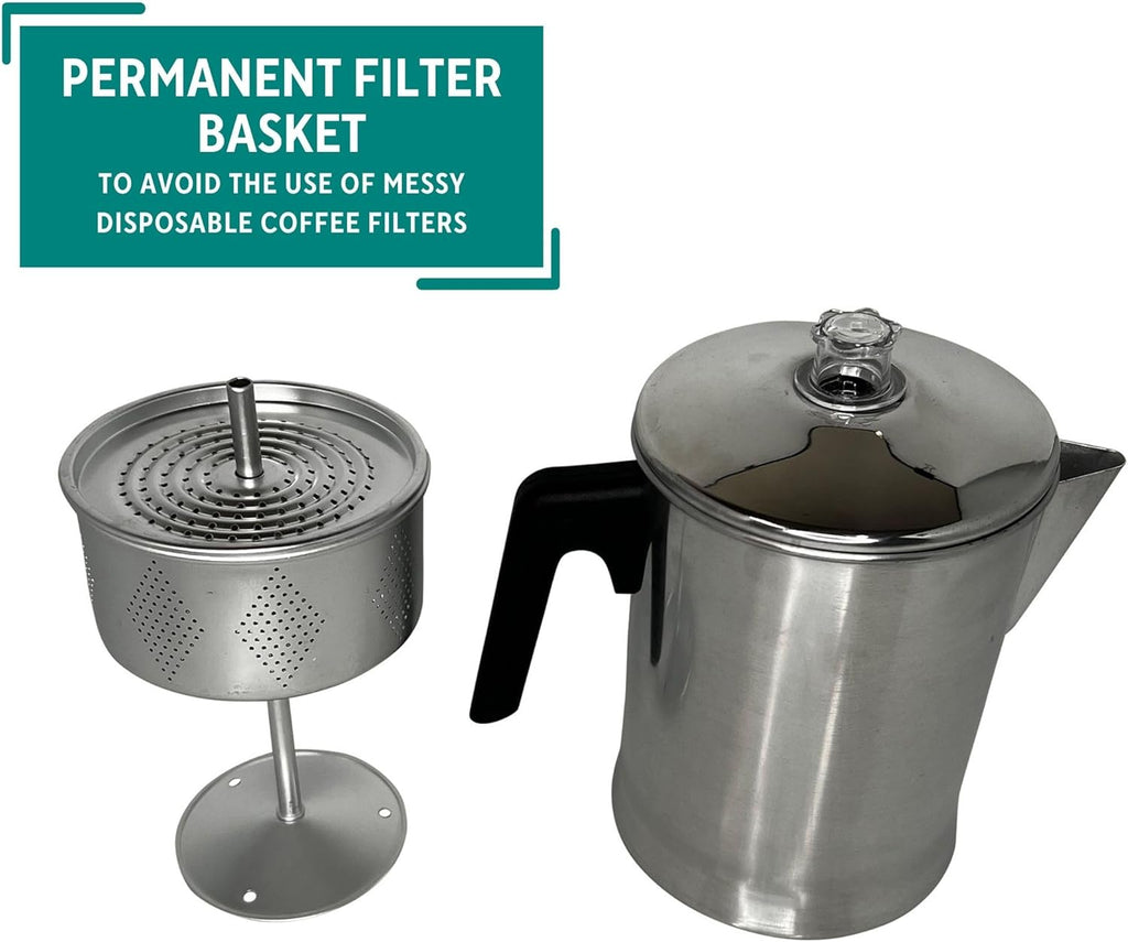 Mirro 9 Cup Aluminum Coffee Percolator for Indoor and Outdoor Use, Silver I981896
