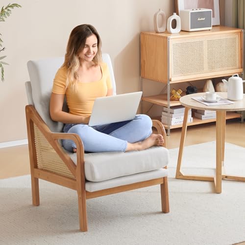 Karl home Modern Accent Chair with Rattan Woven Upholstered Lounge and Oak Wood Frame, White W3310