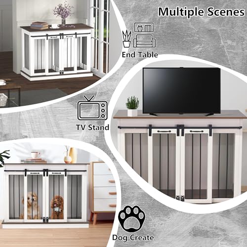 Dog Crate Furniture with Divider, Double Doors, White Y29932