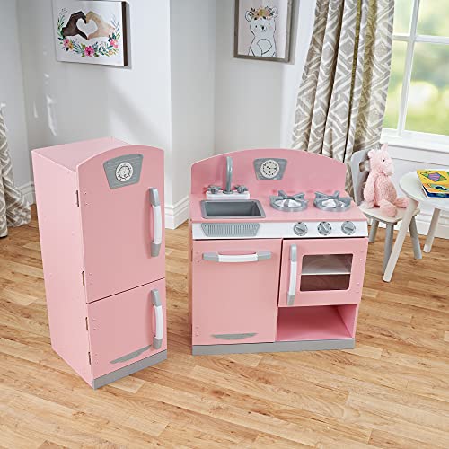 KidKraft Retro Wooden Play Kitchen and Refrigerator 2-Piece Set, Pink, Ages 3+ A4546