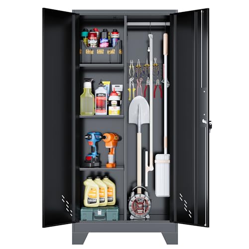 61" H Broom Closet Cabinet, Metal Storage Cabinet with Lockable Doors and Pegboard, Utility Closet for Brooms and Mops, Tool Cabinets for Home Office, Laundry Room, Garage, Workshop