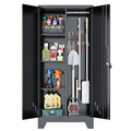 61" H Broom Closet Cabinet, Metal Storage Cabinet with Lockable Doors and Pegboard, Utility Closet for Brooms and Mops, Tool Cabinets for Home Office, Laundry Room, Garage, Workshop