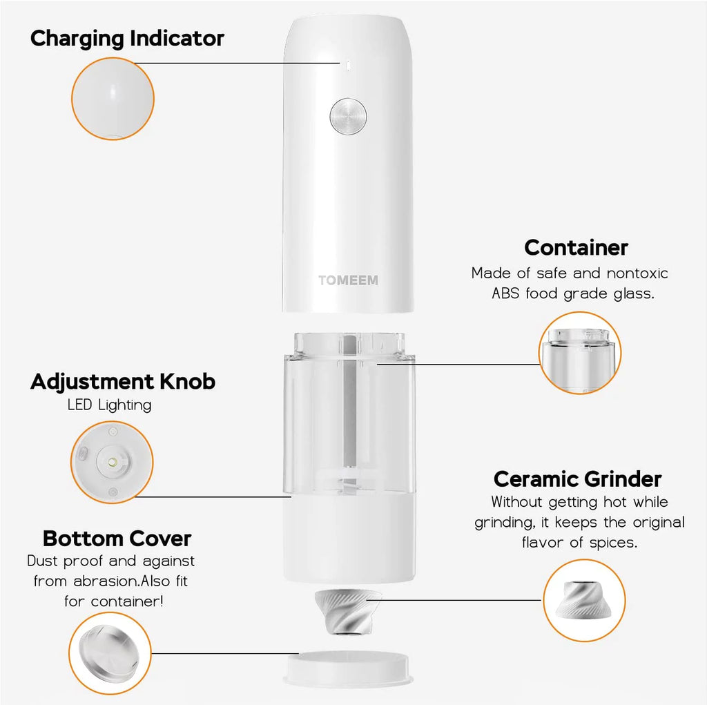 Tomeem Electric Salt and Pepper Grinder Set Rechargeable 6-Level Adjustable Coarseness LED Light Q958783