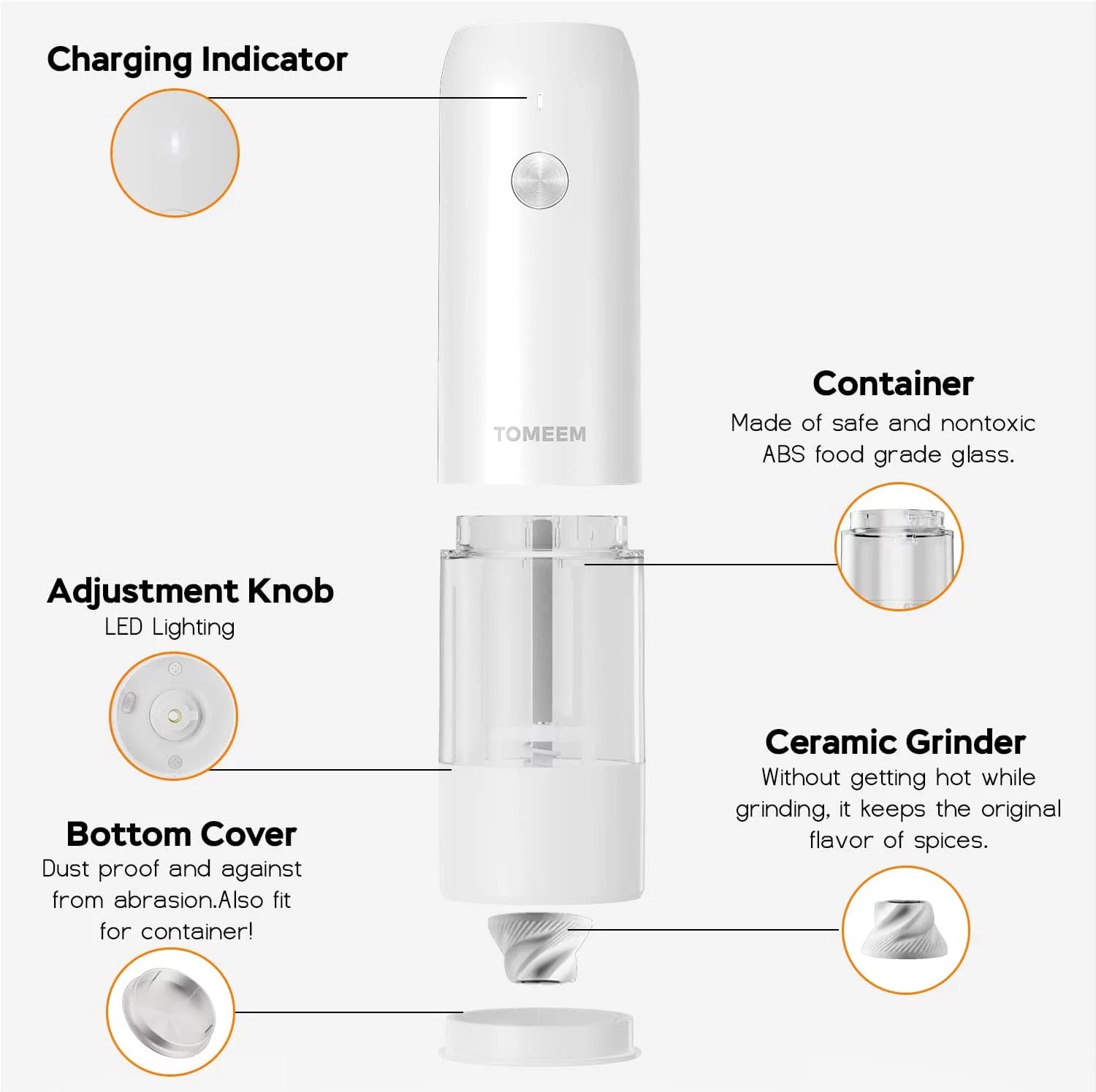 Tomeem Electric Salt and Pepper Grinder Set Rechargeable 6-Level Adjustable Coarseness LED Light Q958783
