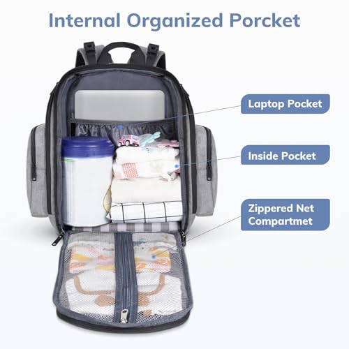Mancro Diaper Bag Backpack, Waterproof Travel Baby Changing Bag with Stroller Straps, Grey E238