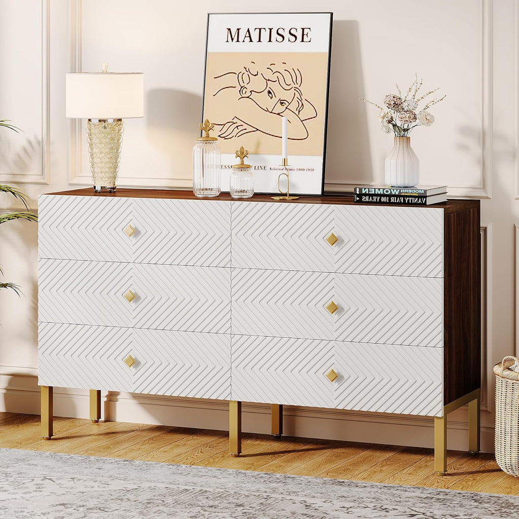 Tribesigns 6-Drawer Dresser for Bedroom, Wood Storage Cabinet with Gold Legs, White & Brown T408265