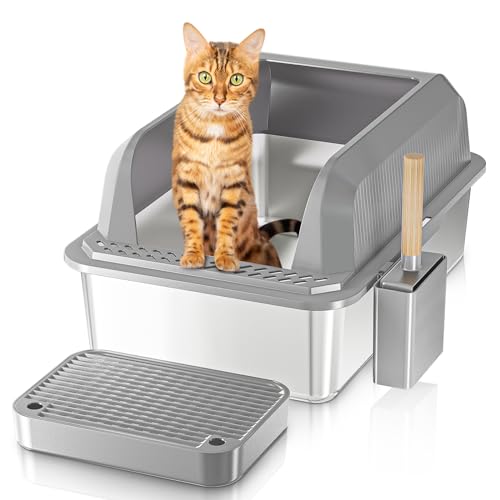Stainless Steel Cat Litter Box, 20L Large Size Odor Control Litter Pan with High Sides for cat, Non Stick, Rust Proof, Come with Cat Litter Shovel and Non Slip Rubber Feets,Easy to Clean