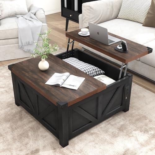Farmhouse Lift Top Coffee Table with Storage and Charging Station, Brown J61149