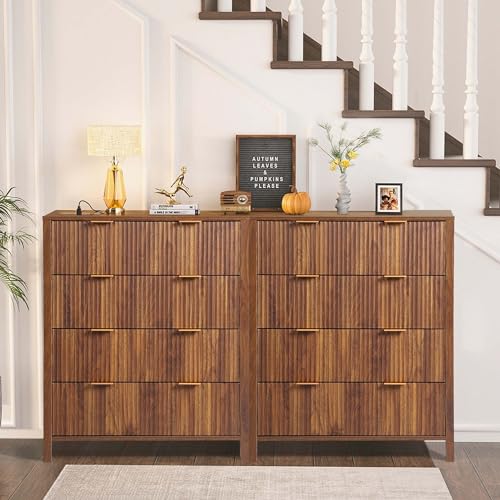 Fluted 5 Drawers Dresser for Bedroom, Wooden Tall Storage, Walnut L1075