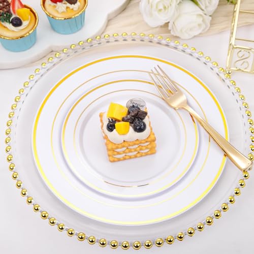 bUCLA 300PCS Gold Disposable Dinnerware Set - White and Gold Plastic Plates for Party S185