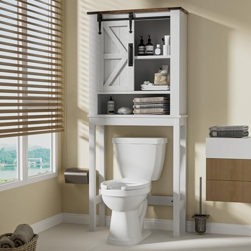 oneinmil Over The Toilet Storage Cabinet, Farmhouse Above Toilet Storage Cabinet with Adjustable Shelves & Sliding Barn Doors, Organizers Over Toilet for Bathroom, Living Room, White