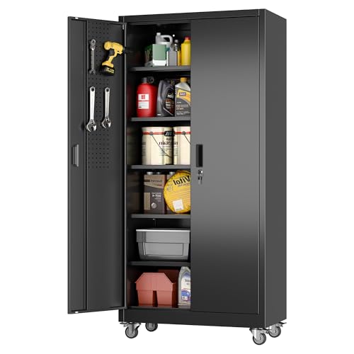 Aobabo 73''H Metal Garage Storage Cabinet with Wheels, Black S572804