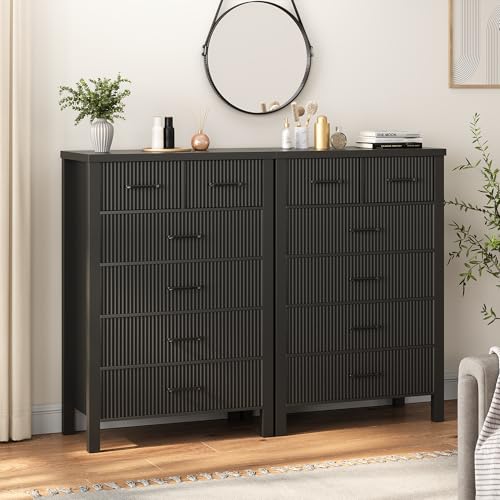 Fluted 6 Drawers Dresser for Bedroom, Tall Boho Chest with Metal Handle, Natural Oak S427