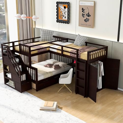MERITLINE Twin Over Full Triple Bunk Bed with Storage Stairs, Solid Wood, Grey R998