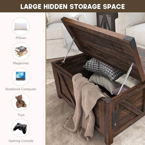 Farmhouse Lift Top Coffee Table with Storage and Charging Station, Brown J61149
