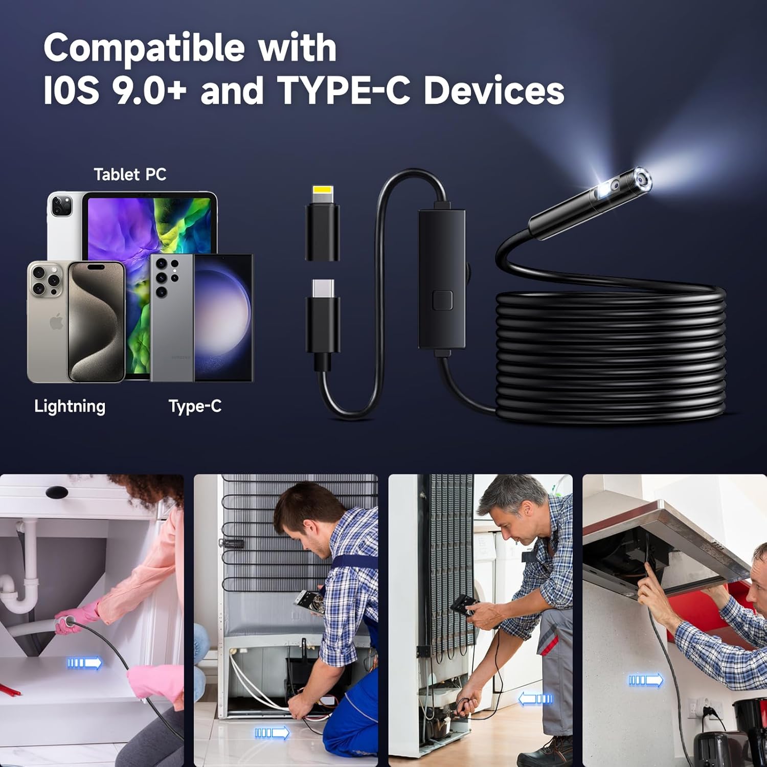 Endoscope Camera with Light, 1920P HD Borescope, IP67 Waterproof 16.5FT for iPhone iPad Android K19485