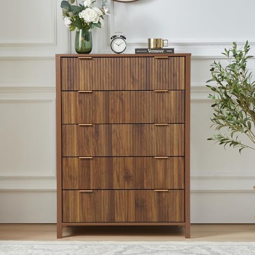 Fluted 5 Drawers Dresser for Bedroom, Wooden Tall Storage, Walnut L1075