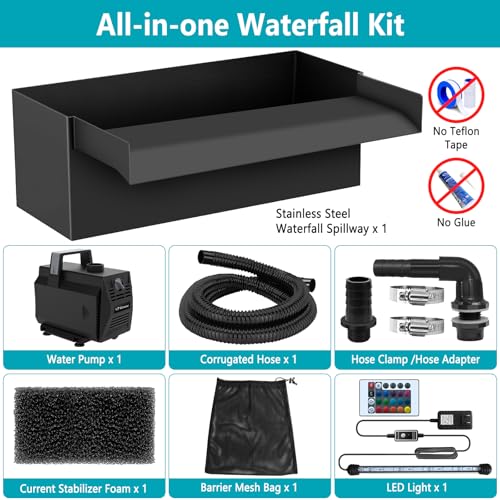 Pond Waterfall Kit with LED Lights, 12 Inch Stainless Steel Spillway, 880GPH Pump O35083