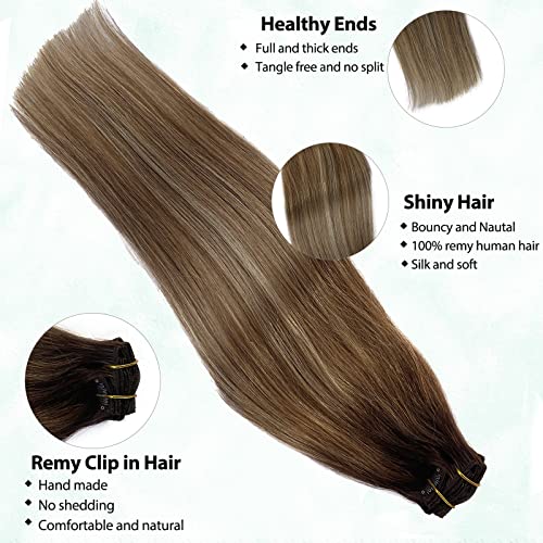 Clip in Hair Extensions 18 Inch Balayage Brown to Ash Brown Remy Human Hair 7pcs P659