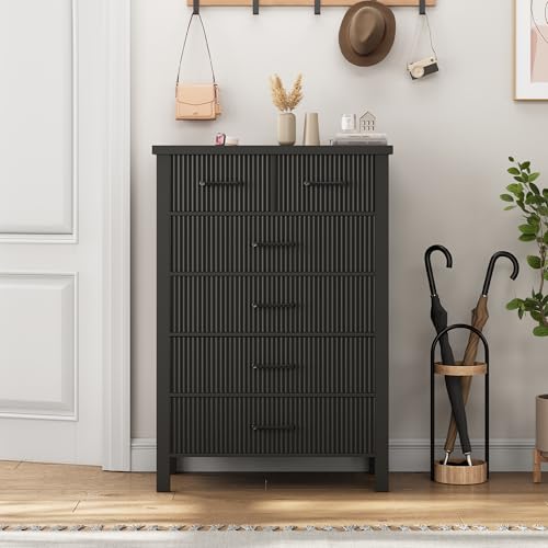 Fluted 6 Drawers Dresser for Bedroom, Tall Boho Chest with Metal Handle, Natural Oak S427