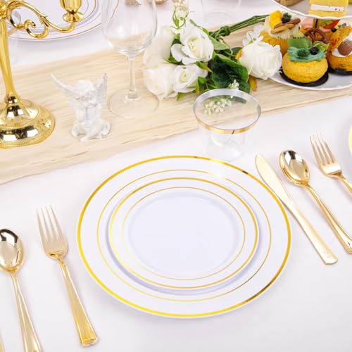 bUCLA 300PCS Gold Disposable Dinnerware Set - White and Gold Plastic Plates for Party S185
