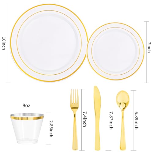 bUCLA 300PCS Gold Disposable Dinnerware Set - White and Gold Plastic Plates for Party S185