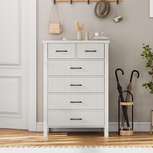 Fluted 6 Drawers Dresser for Bedroom, Tall Boho Chest with Metal Handle, Natural Oak S427