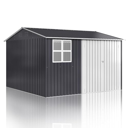 10x10 FT Outdoor Metal Storage Shed with Lockable Doors, Grey Q804763