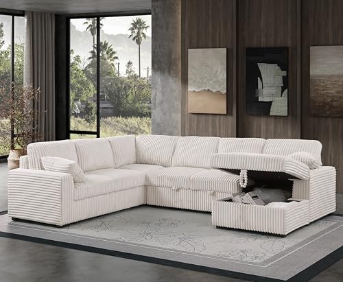 L-Shaped Pull Out Sleep Sofabed with Storage Chaise, Chenille Upholstered X30892