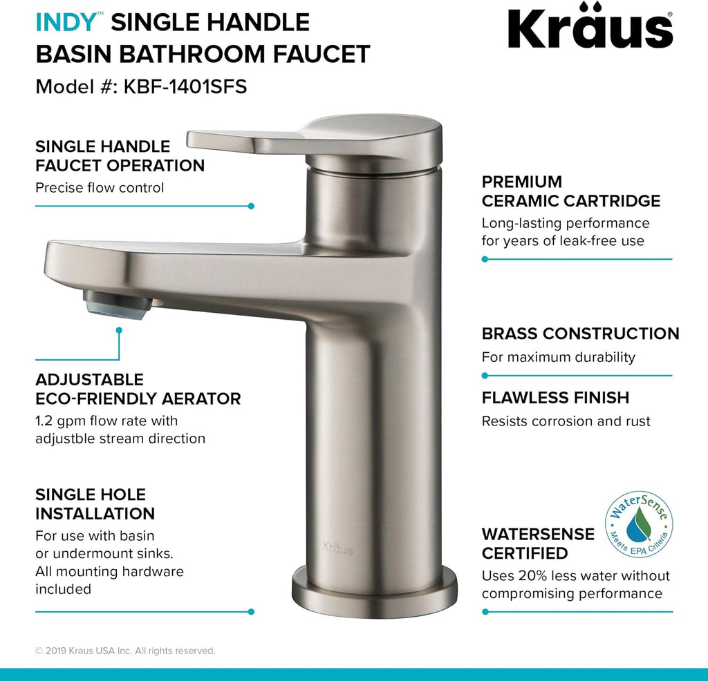 KRAUS Indy Single Handle Basin Bathroom Faucet, Spot Free Stainless Steel T51908