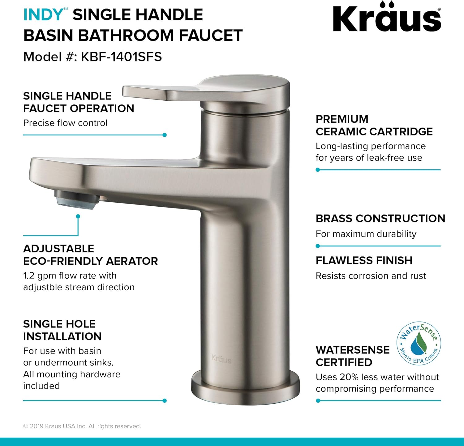 KRAUS Indy Single Handle Basin Bathroom Faucet, Spot Free Stainless Steel T51908