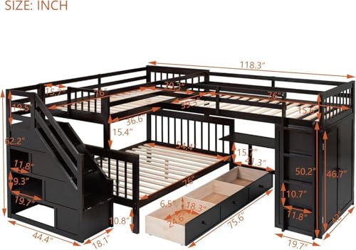 MERITLINE Twin Over Full Triple Bunk Bed with Storage Stairs, Solid Wood, Grey R998