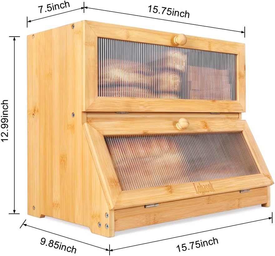 Double Layer Bamboo Bread Box for Kitchen Counter with Window Y937388