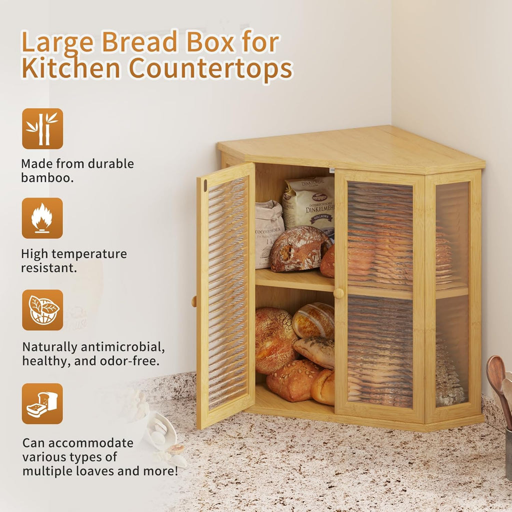 Extra Large Corner Bread Box for Kitchen Countertop, 16.5 inch Bamboo with Glass Door L75900