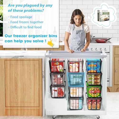 Freezer Organizer Bins, 4 Pack Stackable Storage Baskets with Handles, Black N723