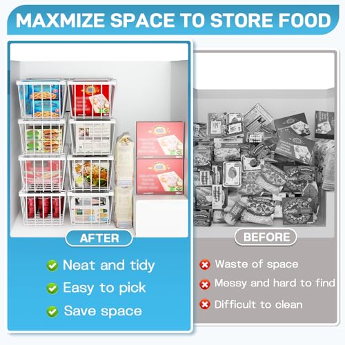 Freezer Organizer Bins, 4 Pack Stackable Storage Baskets with Handles, Black N723