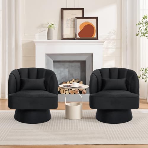 GarveeHome Modern Swivel Barrel Accent Chair, Teddy Fabric Upholstered Armchair, Black W334223