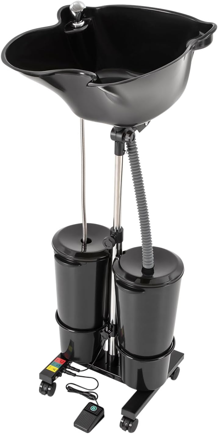 Portable Shampoo Bowl with Electric Pump, Salon Shampoo Basin with 2 Water Buckets Height-Adjustable Hair Washing Sink for Home Salon