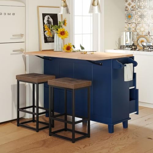 3-Piece Farmhouse Kitchen Island Set with 2 Dining Chairs, Dining Table Set with Storage Cabinet, Drawers and Towel Rack for Small Place, Apartment, Breakfast, Pub, White, YOUKTCZY03