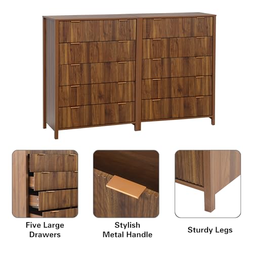 Fluted 5 Drawers Dresser for Bedroom, Wooden Tall Storage, Walnut L1075