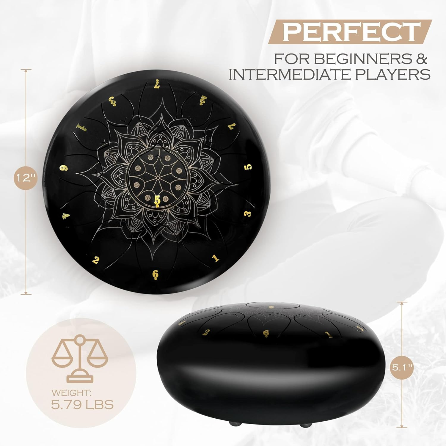 Lexington Steel Tongue Drum Kit 13 Notes 12 Inch C Major with Lotus Pattern, Black R100928