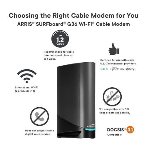 ARRIS G34 Cable Modem Router Combo, DOCSIS 3.1 Gigabit WiFi 6, Approved for Comcast Xfinity, Cox, Spectrum R69020