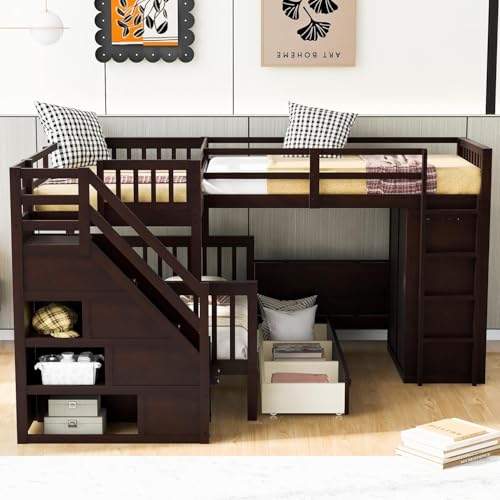 MERITLINE Twin Over Full Triple Bunk Bed with Storage Stairs, Solid Wood, Grey R998